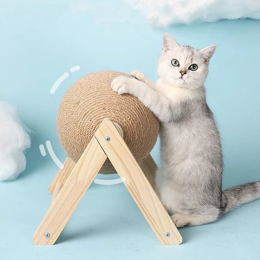 Cat scratching ball toy with a single layer, featuring natural sisal rope and a sturdy wood base.