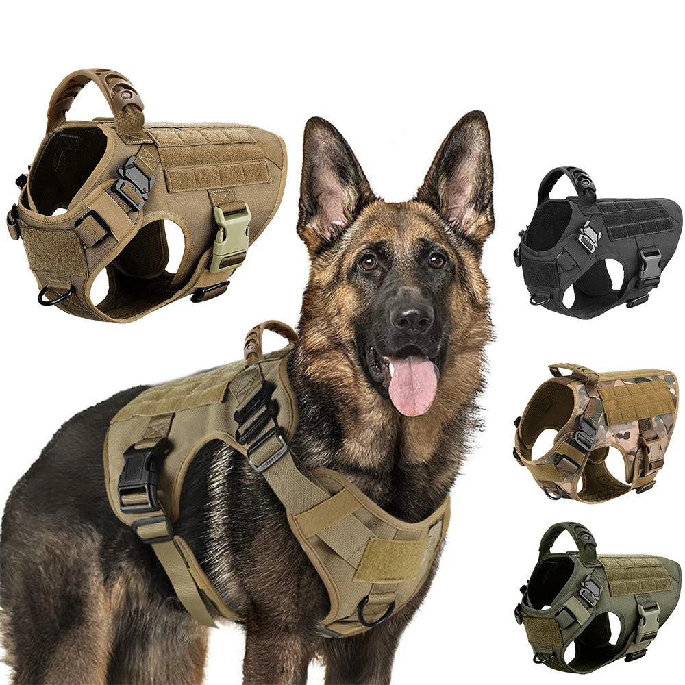 Tactical dog harness vest with quick-release buckles, shown on a German Shepherd.