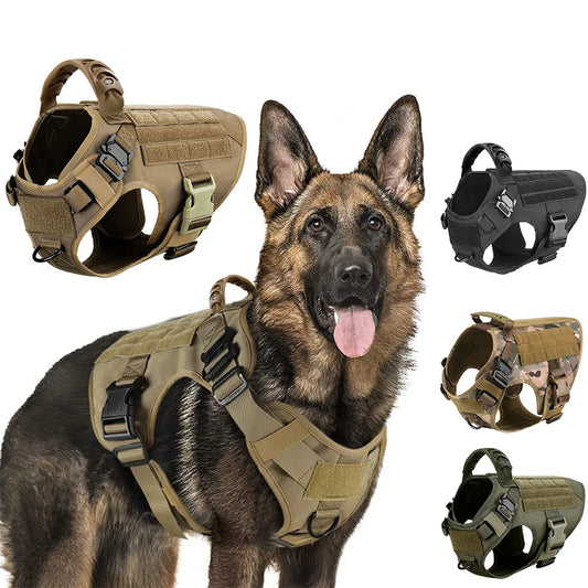 Tactical dog harness vest with quick-release buckles, shown on a German Shepherd.