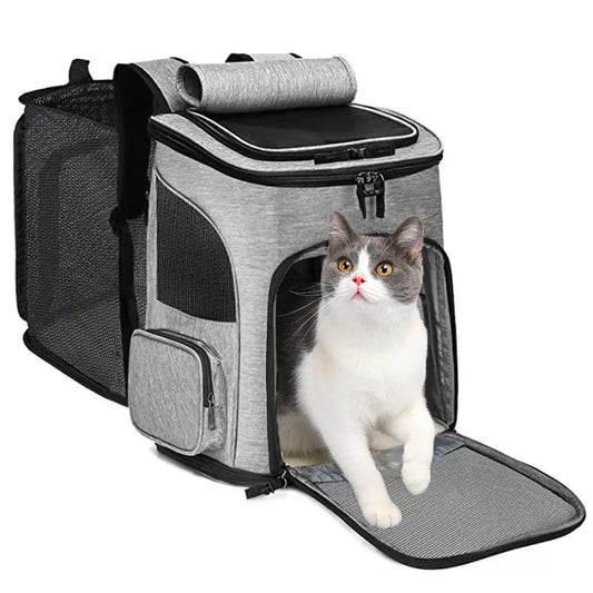 Expandable pet backpack with zipper closure, offering comfortable and secure travel for your cat or dog.