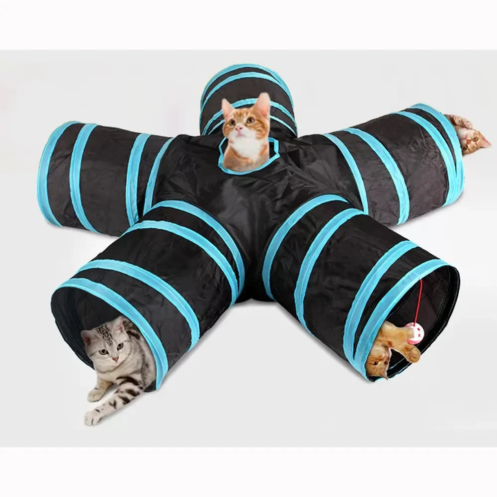 Foldable cat play tunnel with contrasting bands, ideal for playful cats.