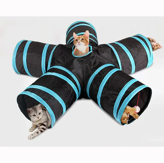 Foldable cat play tunnel with contrasting bands, ideal for playful cats.