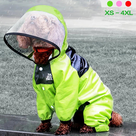Green waterproof dog raincoat with hood, showcasing the polyester material.