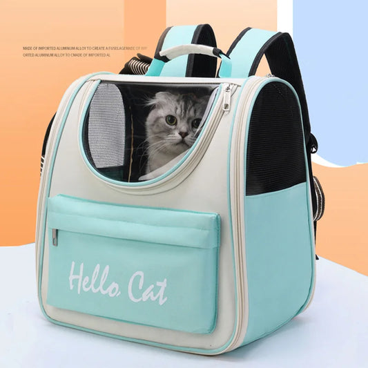 Cat backpack carrier with zipper closure, showcasing its light teal and cream color scheme.