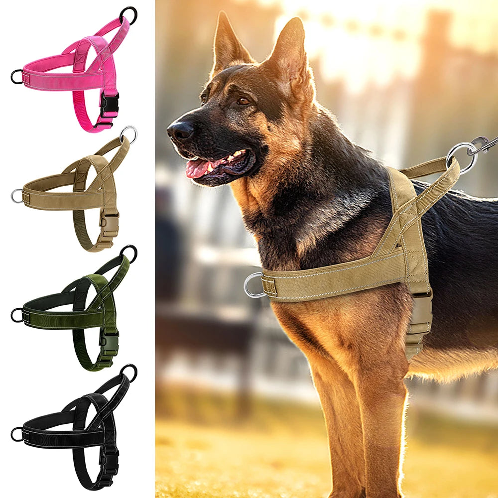 Reflective nylon dog harness with adjustable straps and buckle closure for medium/large breeds.