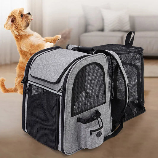 Gray pet backpack carrier with zipper closure, suitable for medium-sized breeds.