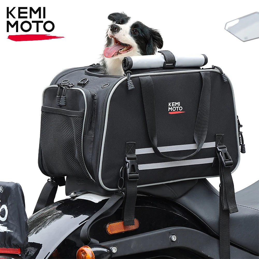KEMIMOTO Motorcycle Pet Carrier Bag in black, securely attached to a motorcycle.