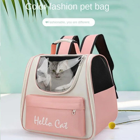 Pink and white cat backpack carrier with a clear window, suitable for all cat breeds.