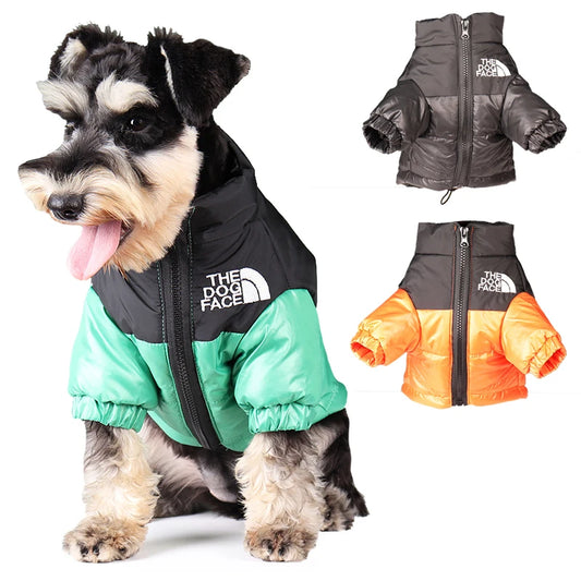Warm winter dog coat with splicing pattern, suitable for all dogs.