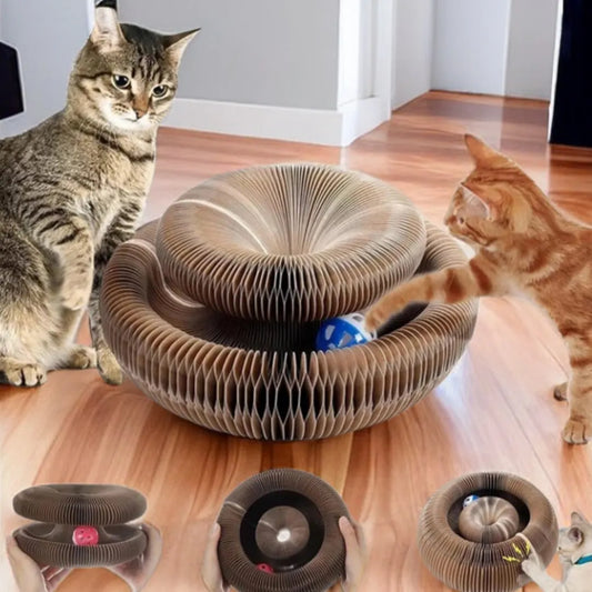 Cat scratching toy made of corrugated cardboard, featuring a built-in ball.