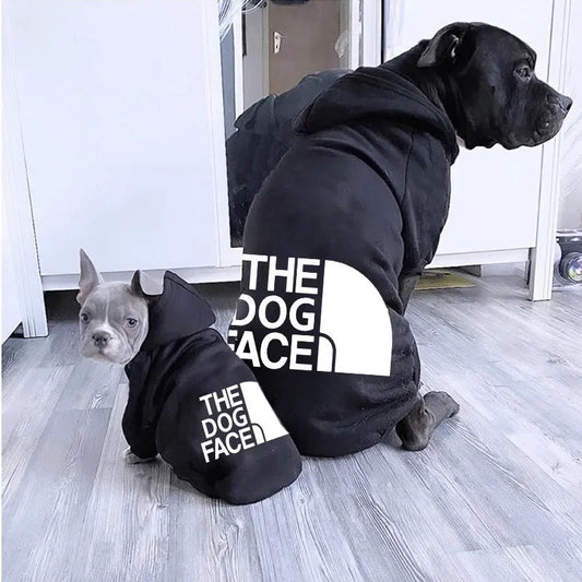 Black text pattern dog hoodie for autumn, made of polyester.