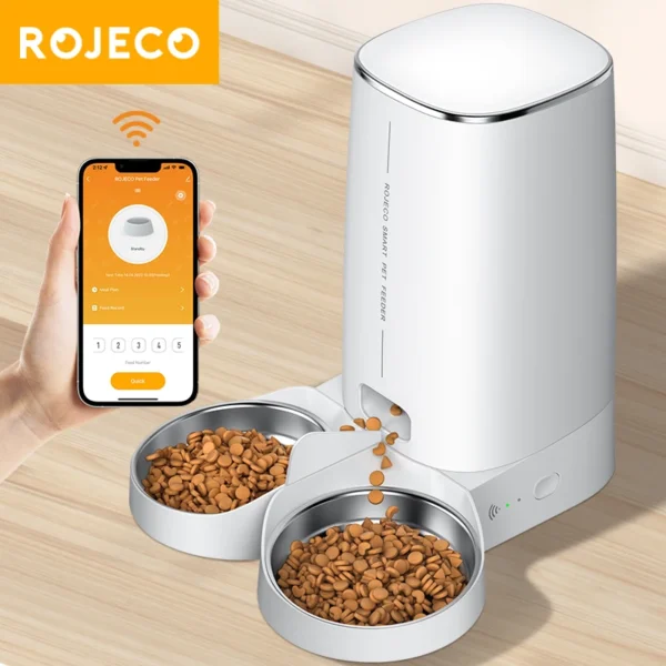 kf Sd09ed1bafedd4576b29b515d089d7913I ROJECO Automatic Cat Feeder Pet Smart Cat Food Kibble Dispenser Remote Control WiFi Button Auto Feeder Smart WiFi Automatic Cat Feeder for Cats and Dogs, 4L Capacity